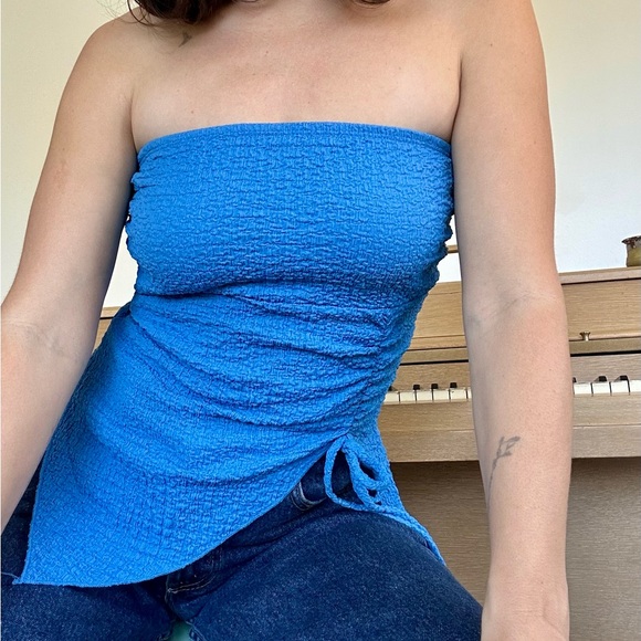 Blue Ruched Strapless Top - Picture 3 of 5